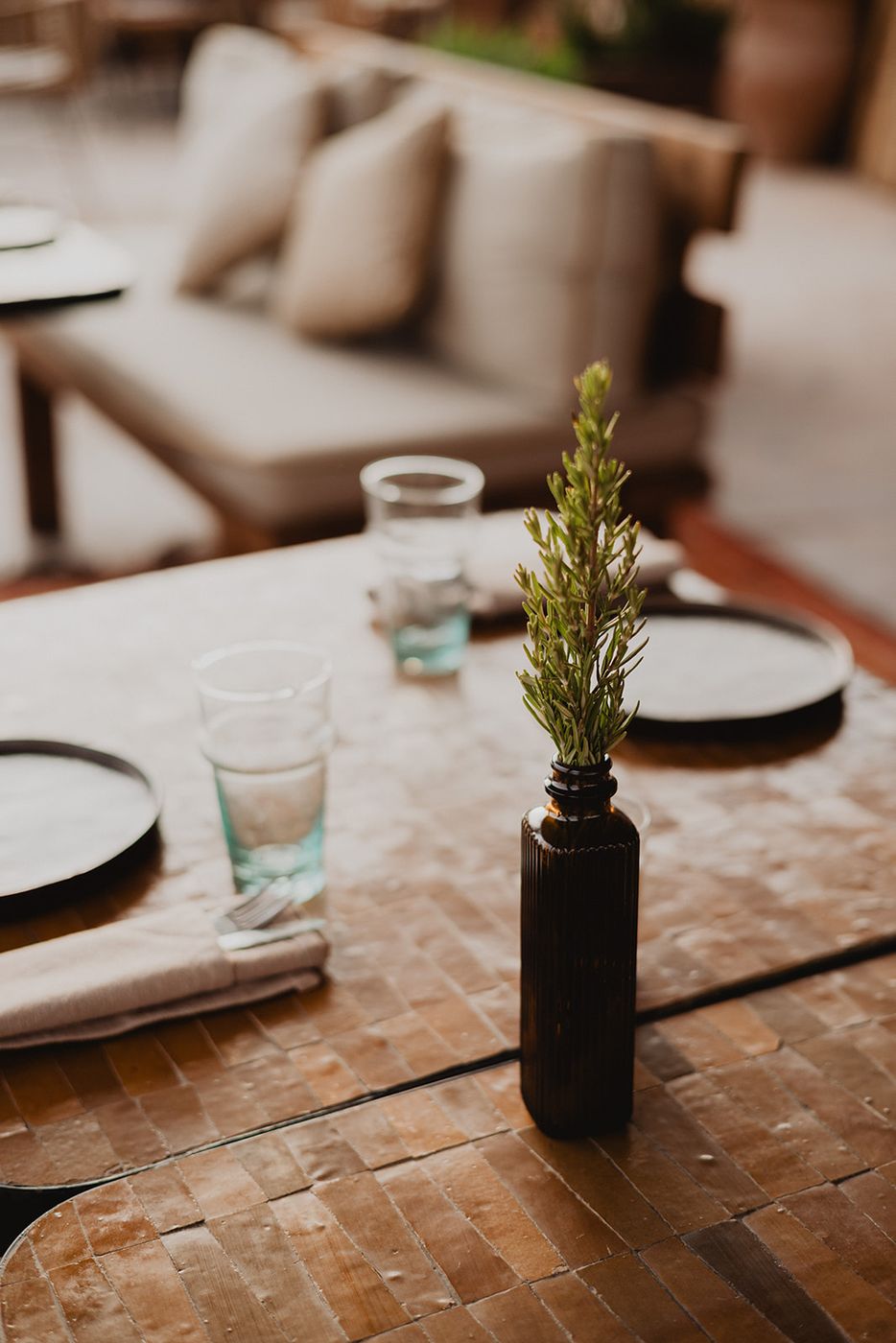 Rosemary sprig in a bottle on a zellige table